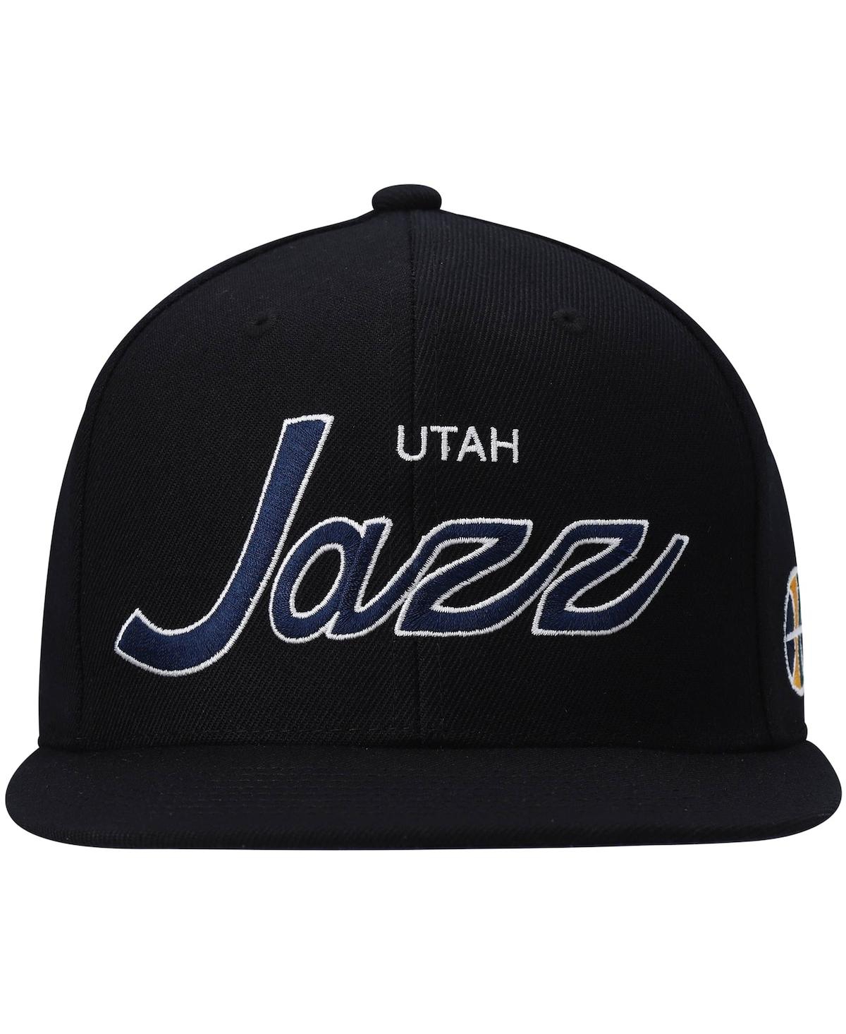 Mitchell & Ness Men's  Black Utah Jazz Hardwood Classics Script 2.0 Snapback Hat In Black