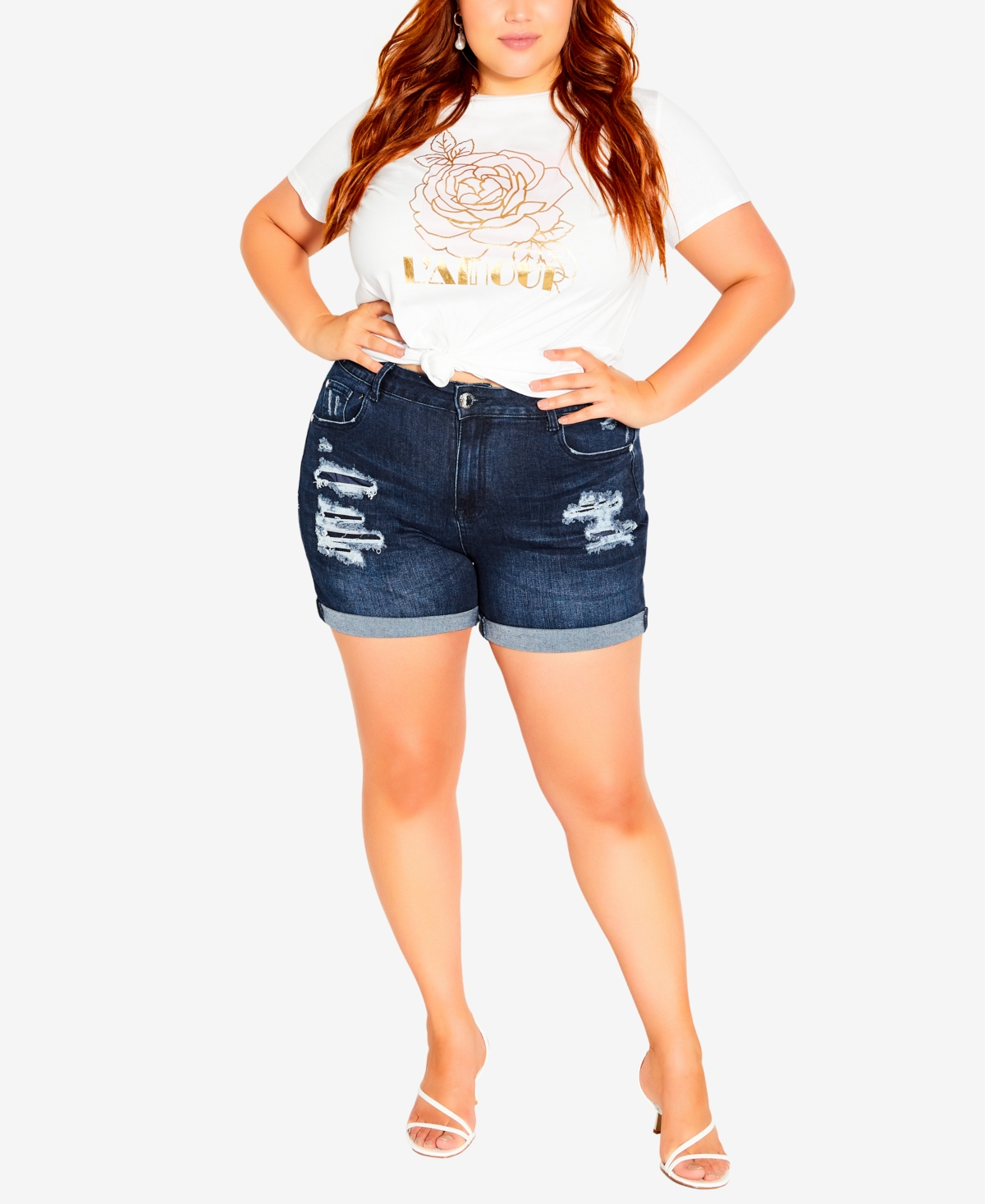 City Chic Trendy Plus Size Ripped Love High Rise Shorts In Dark Denim