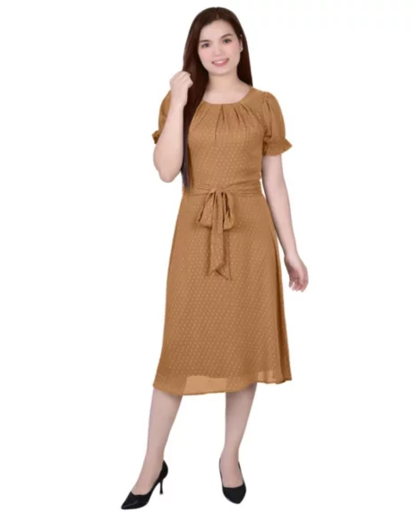 Petite Short Sleeve Belted Swiss Dot Dress - Meerkat Rectangle