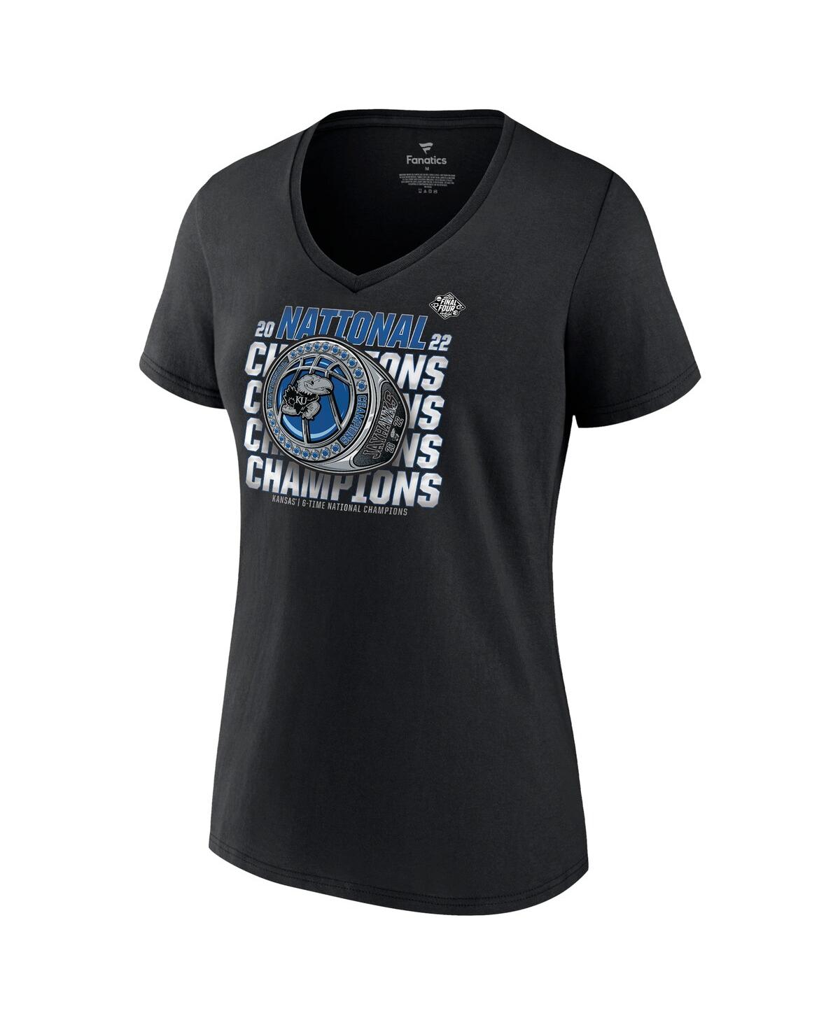 Women's FanaticsKansas Jayhawks 2022 Ncaa Men's Basketball National Champions Half-Court Ring V-Neck T-shirt - Black