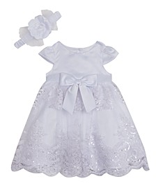 Baby Girls Satin Bodice to Embroidered Skirt Dress with Panty and Headband, 3 Piece Set