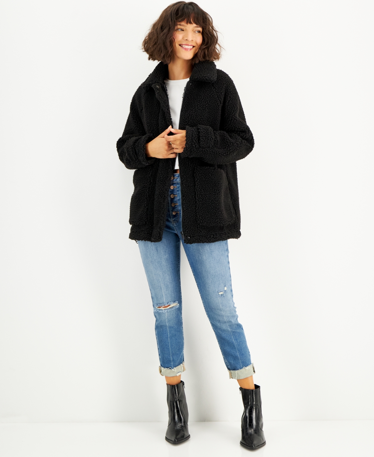 Juniors' Collared Zip-Front Fleece Coat - Black