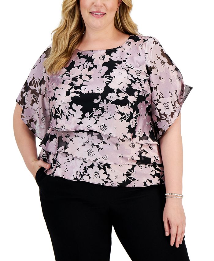 Alex Evenings Plus Size Floral-Print Tiered Elbow-Sleeve Top -