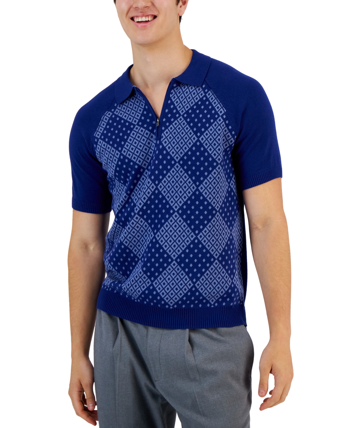 Alfani Men's Diamond Pattern Short-Sleeve Quarter-Zip Sweater, Created for Macy's