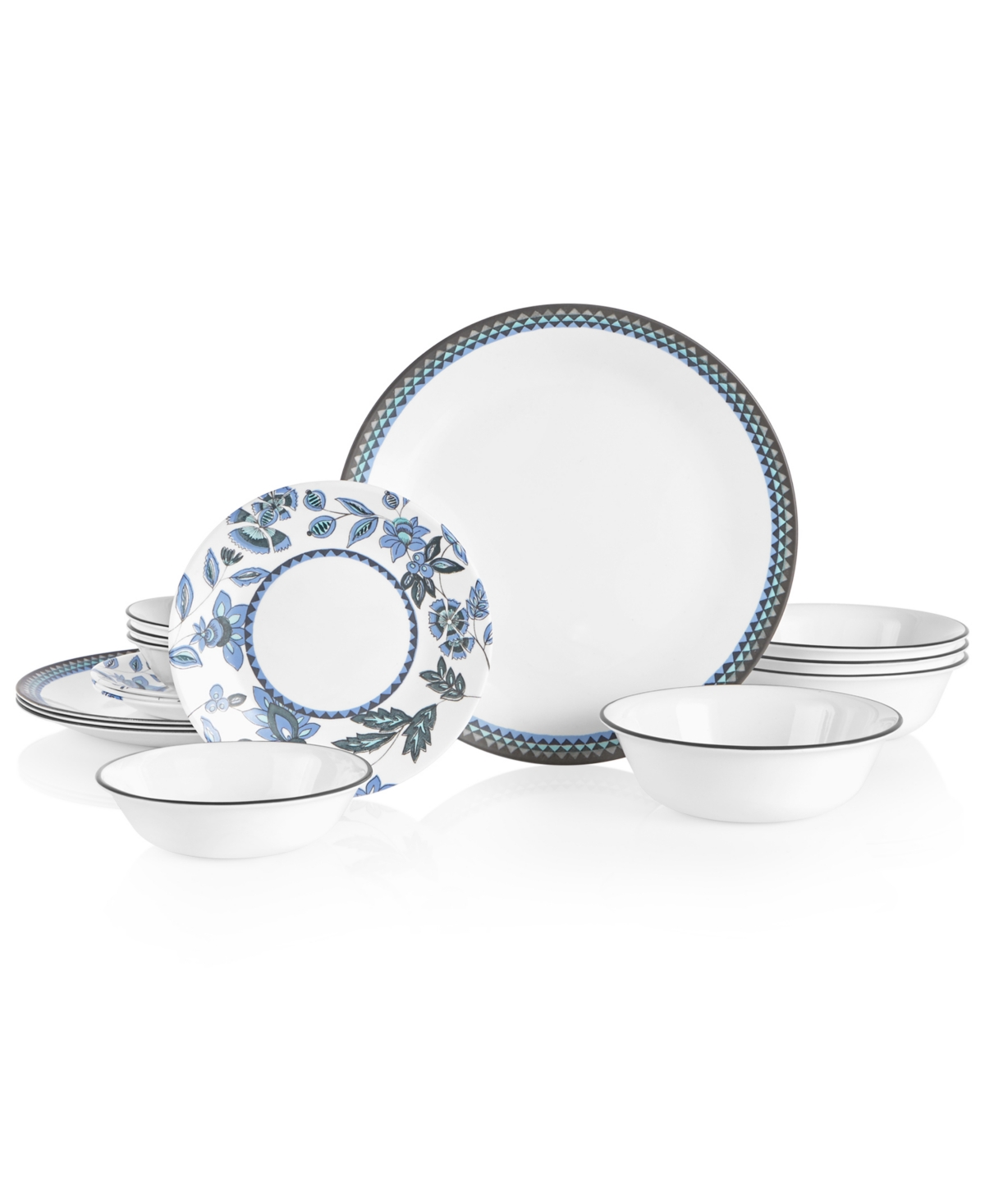 Veranda 16-Piece Dinnerware Set, Service for 4 - White with Deep Blues and Rich Aquas