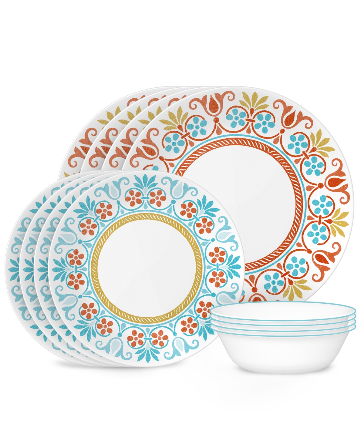 Global Collection, Terracotta Dreams, 12-Piece Dinnerware Set, Service for 4 - Vibrant Teal, Muted Yellow, Terracotta O