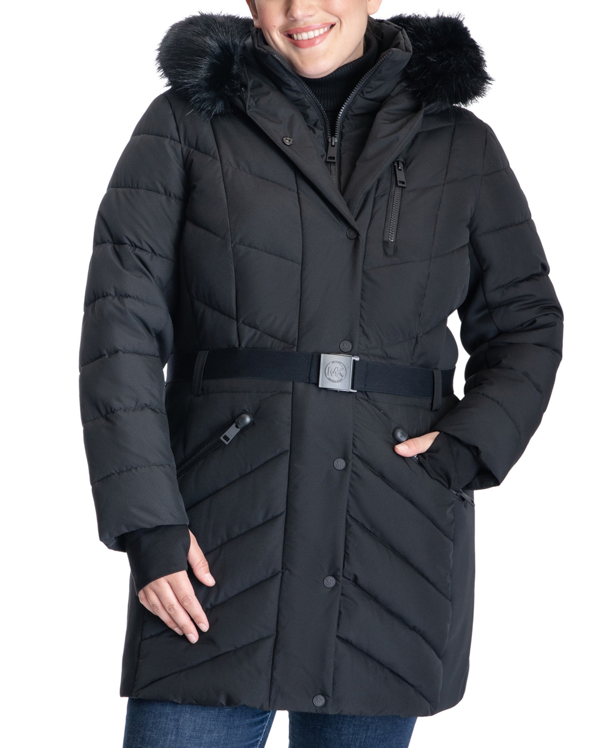 Michael Kors Michael  Women's Plus Size Belted Faux-fur-trim Hooded Puffer Coat In Black