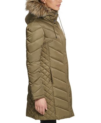 Petite Faux-Fur-Trim Hooded Puffer Coat