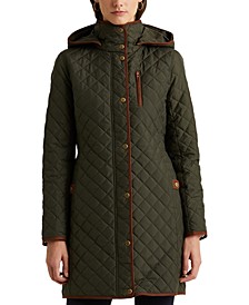 Petite Faux-Leather-Trim Hooded Quilted Coat, Created for Macy's