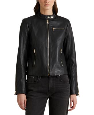 로렌 랄프로렌 Lauren Ralph Lauren Womens Racer Collar Leather Moto Coat,Black