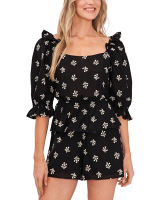 CeCe - Juniors' Embroidered Puff-Sleeve Cotton Top