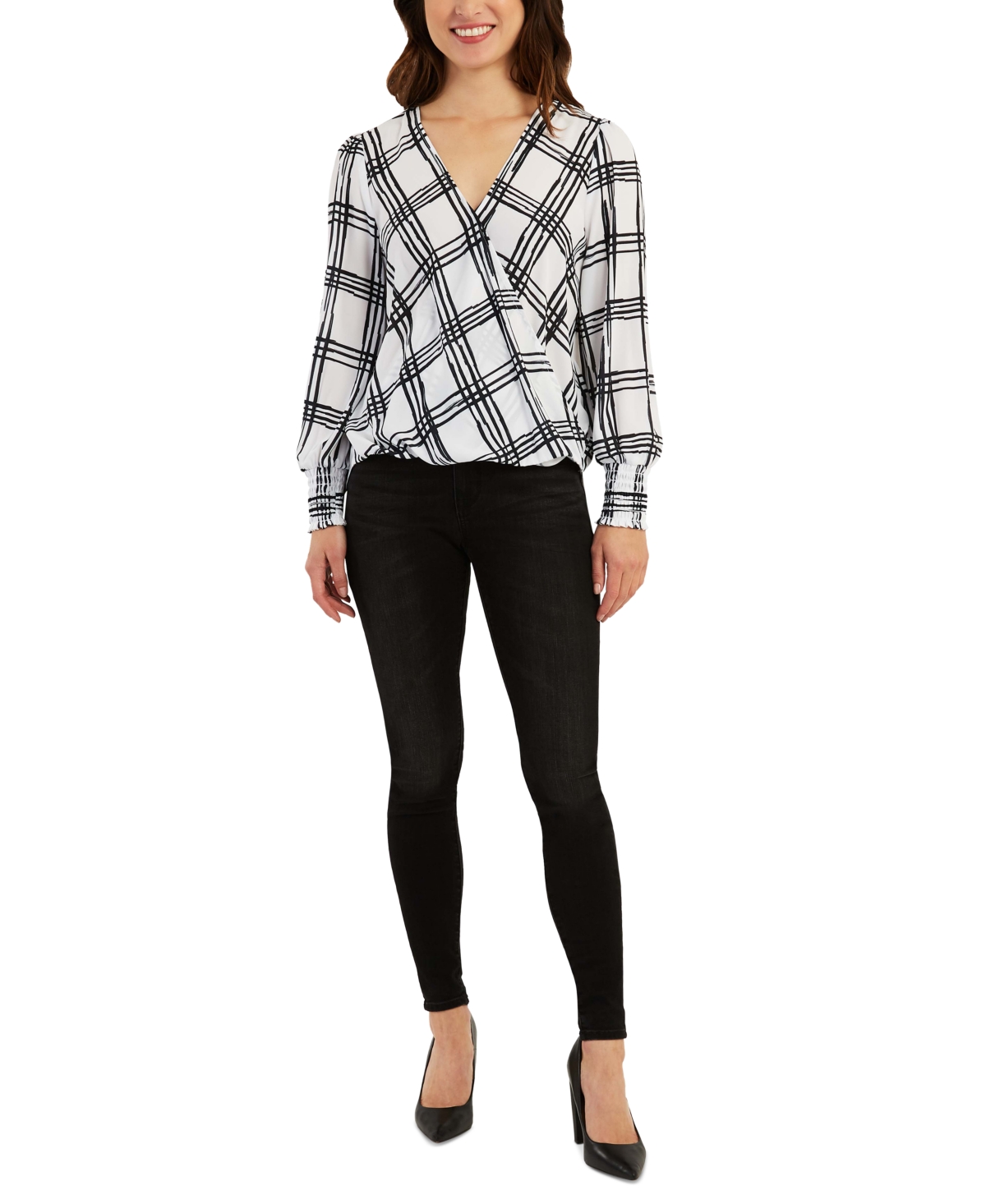 Bcx Juniors' Printed Cross-Front Top -White Plaid