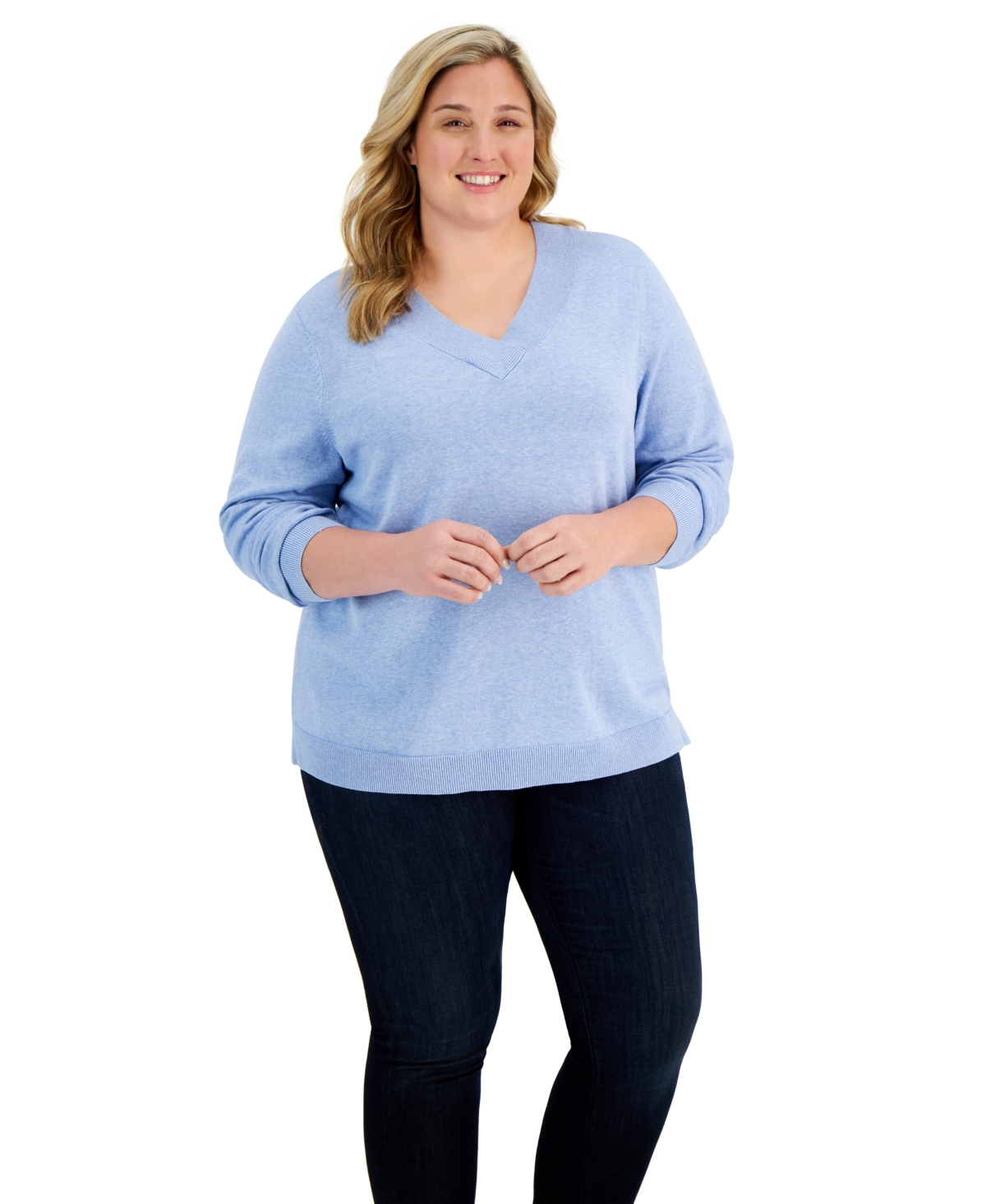Plus Size Ribbed-v-Neck Sweater, Created for Macy's - Light Blue Heather