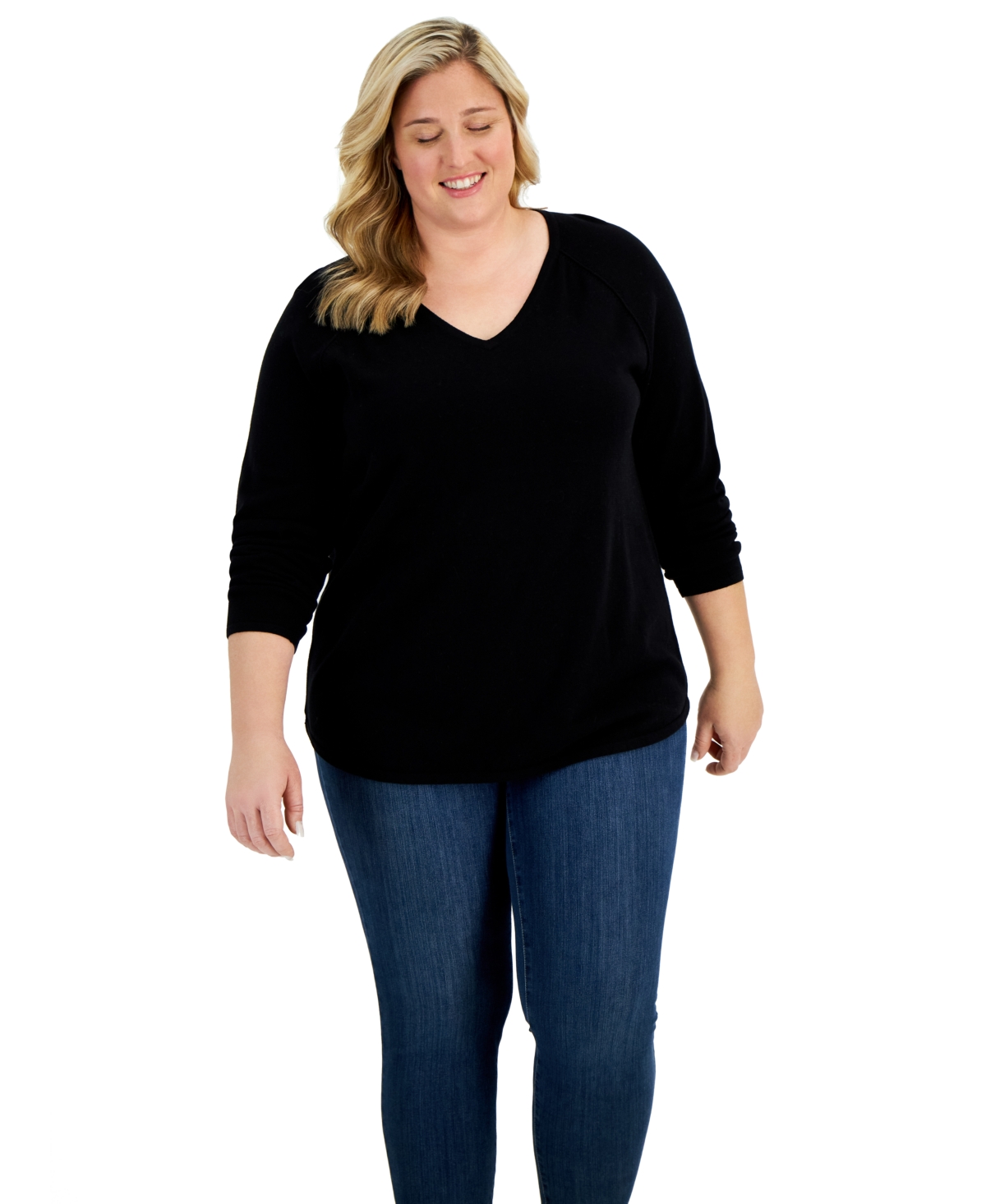 Plus Size Cotton V-Neck Curved-Hem Sweater, Created for Macy's - Deep Black