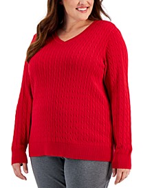 Plus Size Cotton Cable-Knit Sweater, Created for Macy's