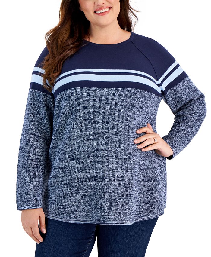 Karen Scott Plus Size Curved Hem Striped-Yoke Sweater, Created for