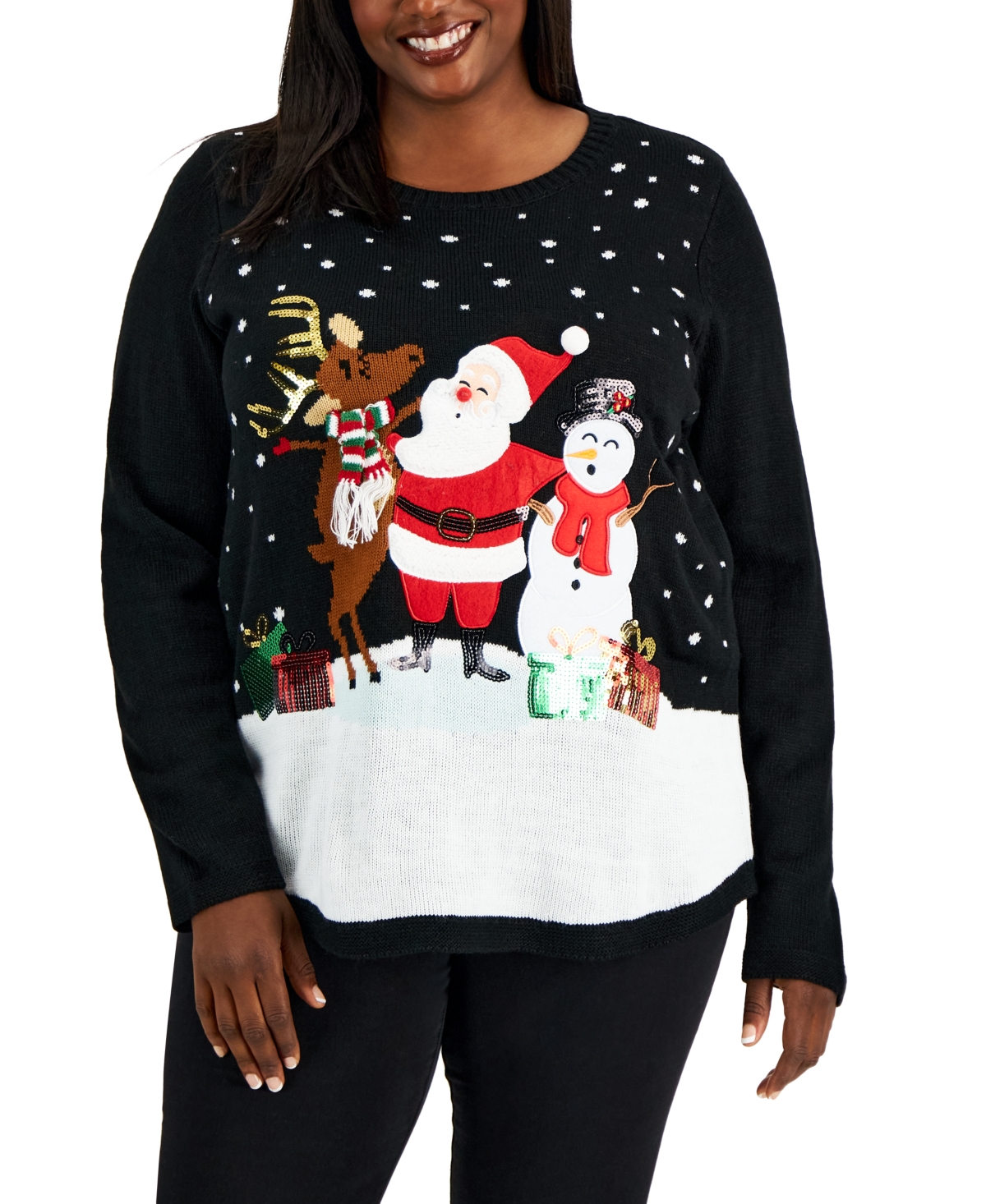 Plus Size Singing Santa Embellished Sweater, Created for Macy's - Deep Black