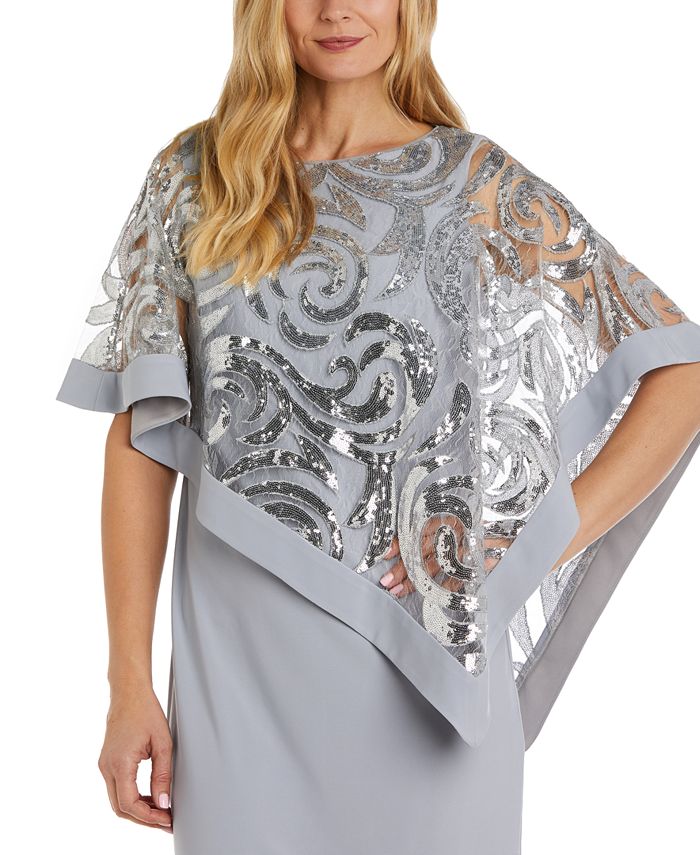 R&M Richards Women's Sequined Zippered 3/4 Sleeve Jewel Neck Short Sheath Cocktail Dress Gray Size 18