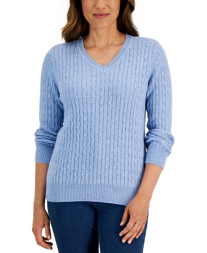 Karen Scott Petite Cable-Knit V-Neck Sweater, Created for Macy's - Macy's