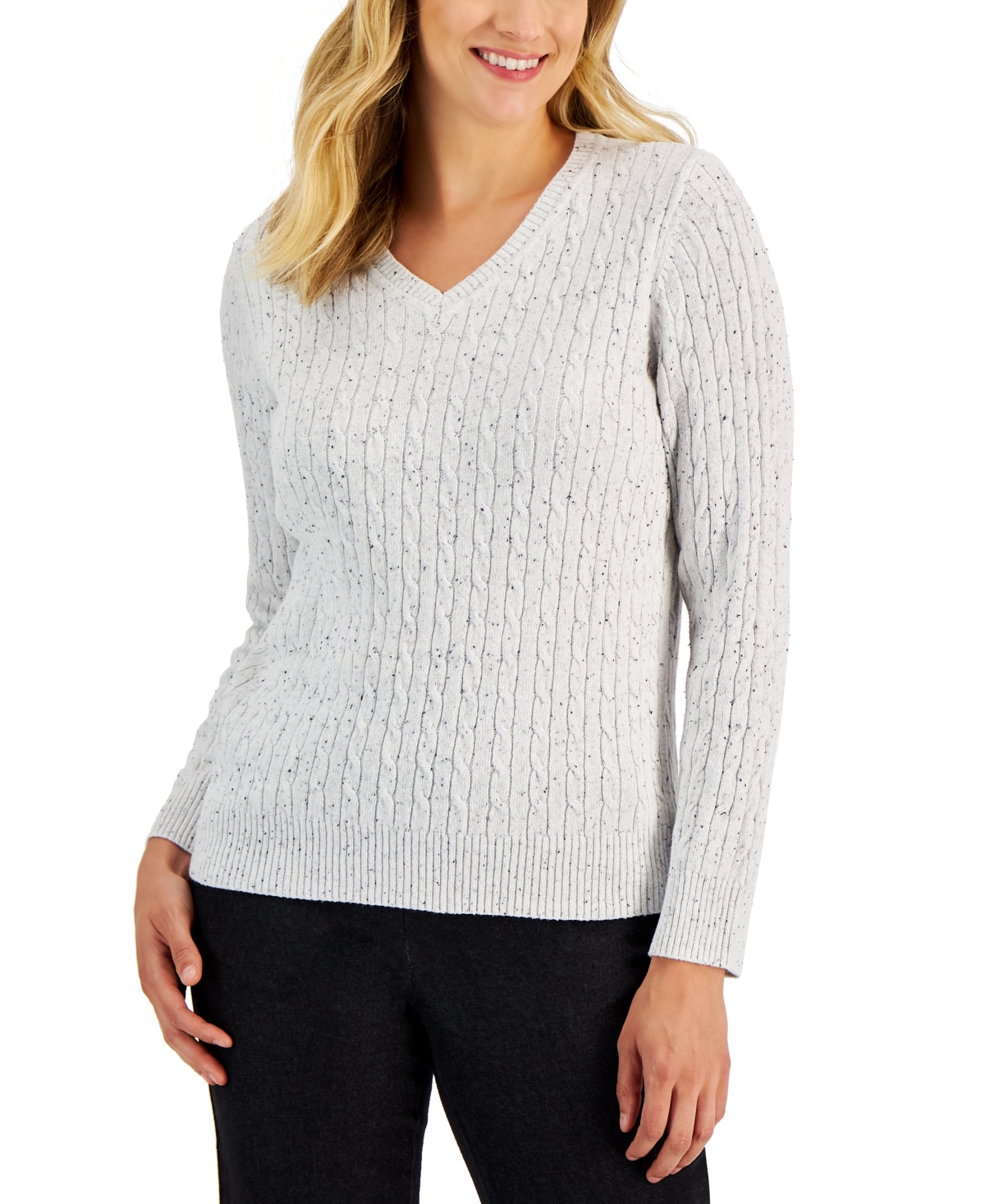 Karen Scott Women's Cable V-neck Long Sleeve Sweater, Created For Macy's In Winter White Nep