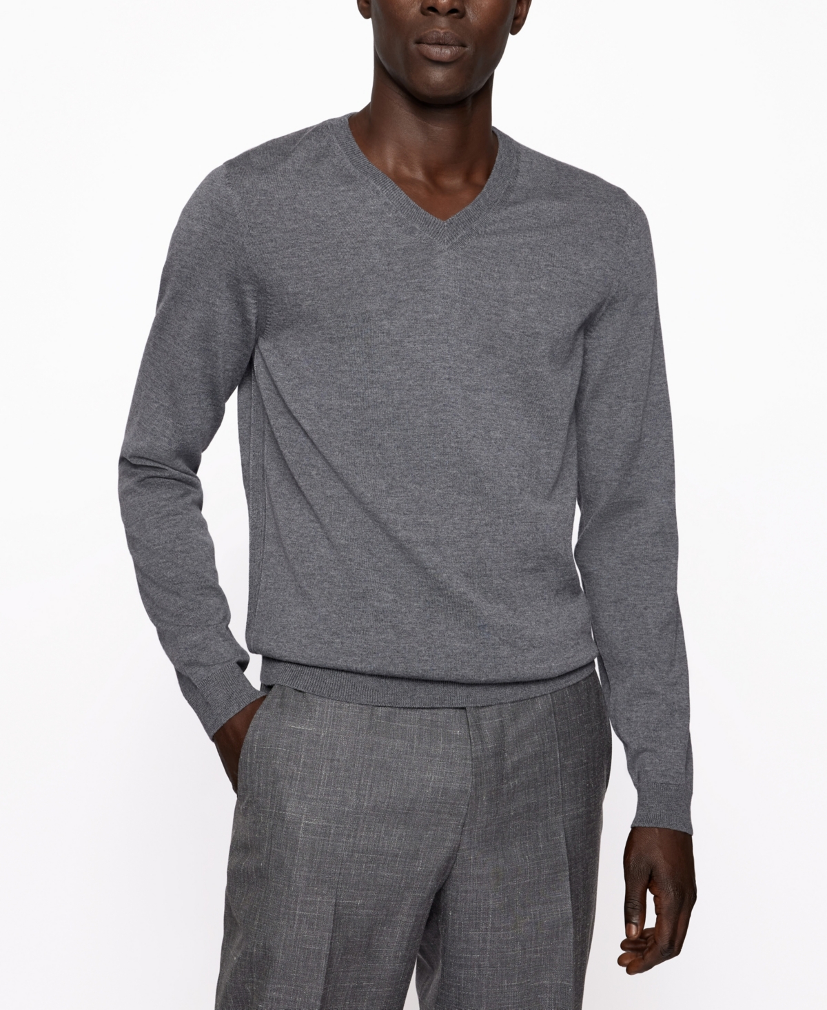 Boss Men's V-Neck Slim-Fit Sweater - Medium Gray