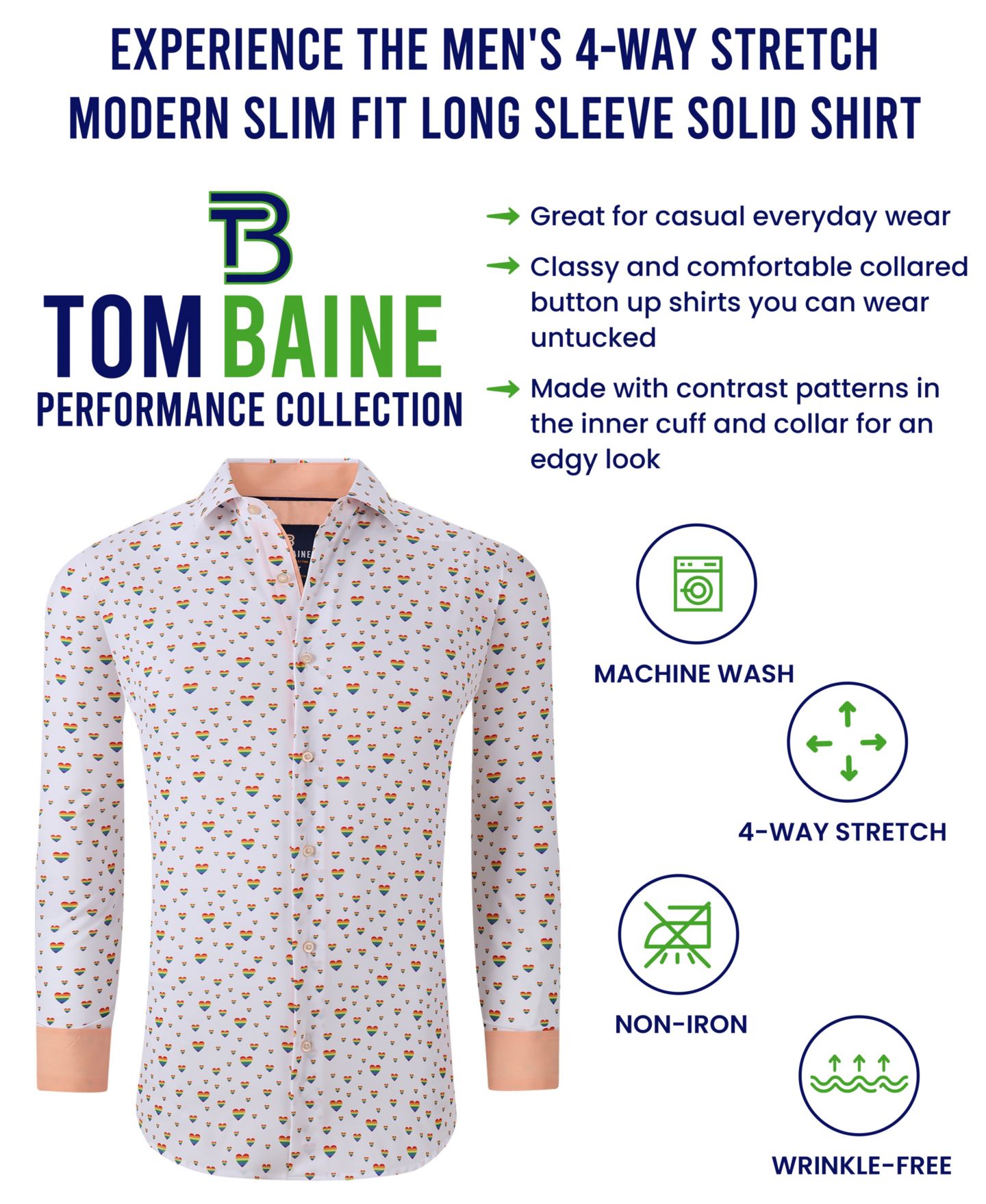 Мужская рубашка Tom Baine Slim Fit Pride Performance Novelty Button Down Dress Shirt, цвет: Белый — фото 3