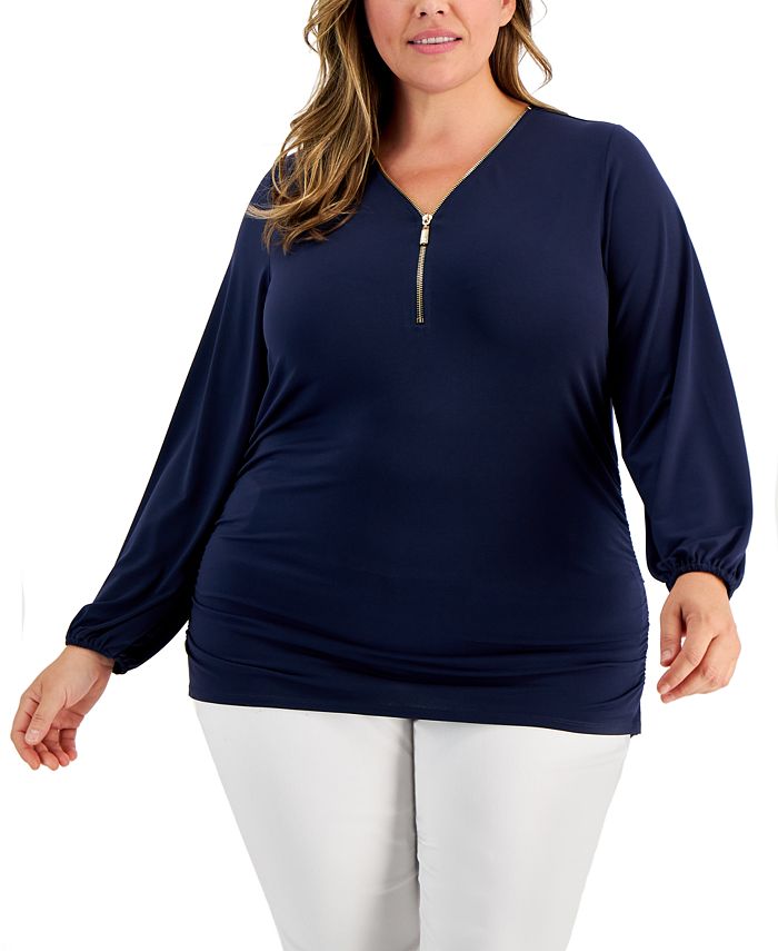 JM Collection Plus Size ZipFront SideRuched Top, Created for Macy's & Reviews Tops Plus