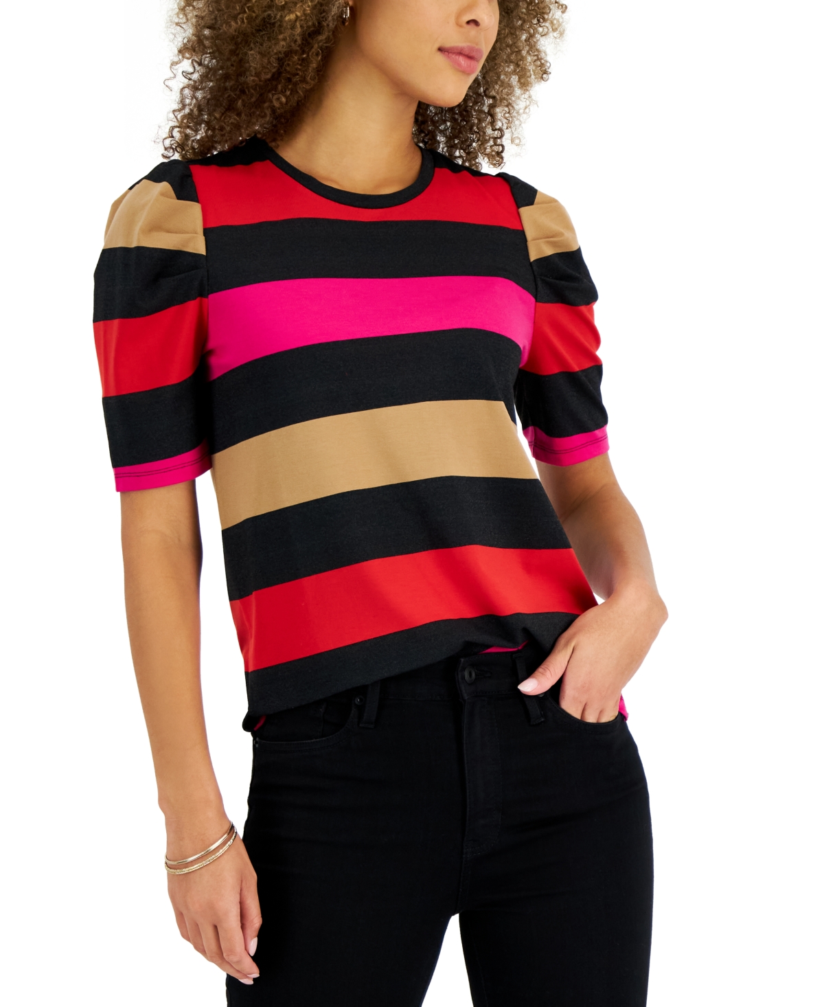 Charter Club Women's Striped Puff-Sleeve Top, Created for Macy's