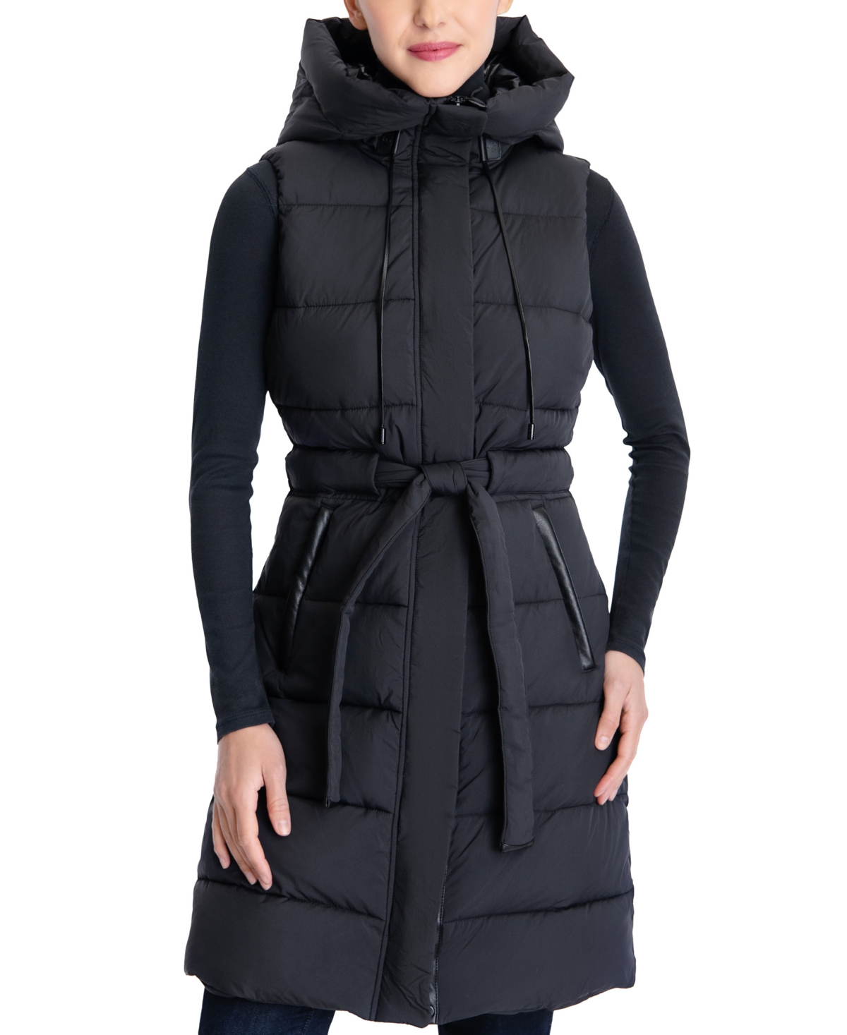Michael Kors Michael  Women's Long Hooded Belted Puffer Vest, Created For Macy's In Black