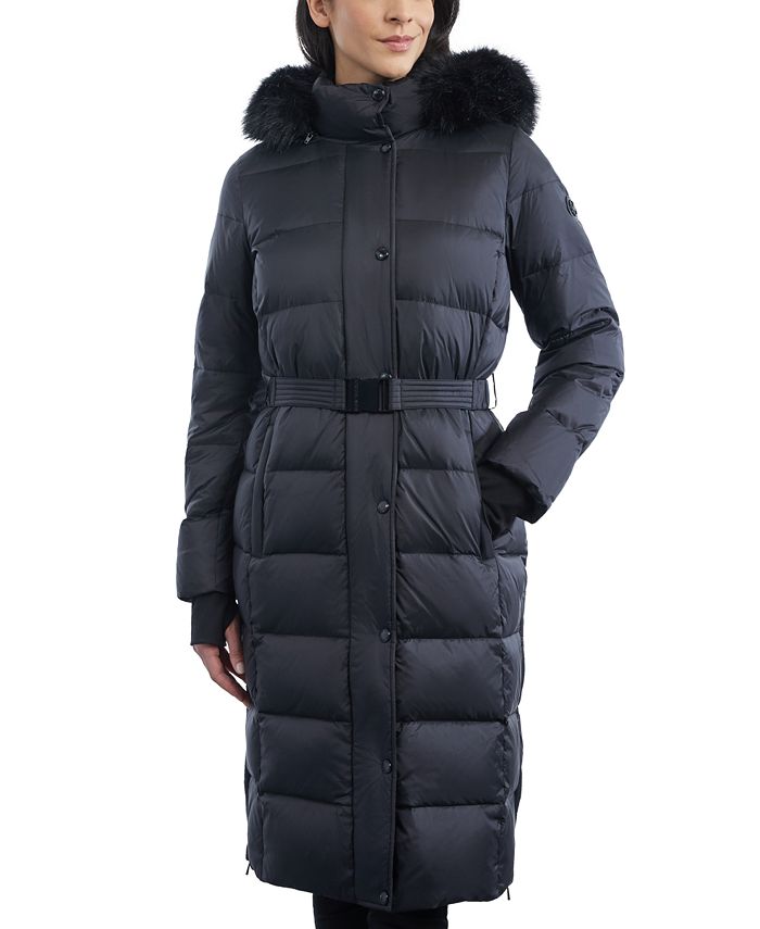 Michael Kors Women's Belted Faux-Fur-Trim Hooded Maxi Puffer Coat - Macy's