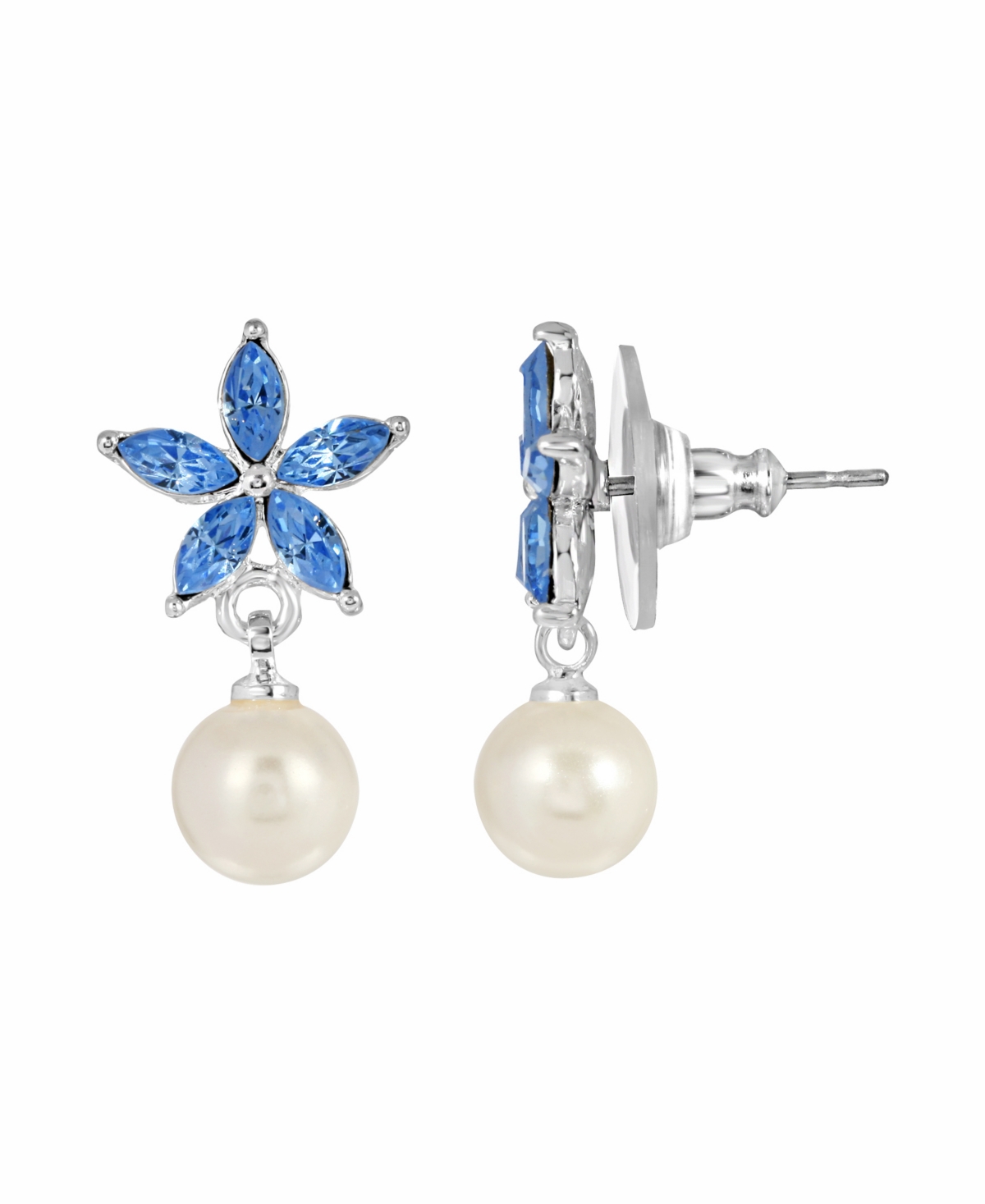 2028 Women's Crystal And Simulated Imitation Pearl Flower Drop Earrings In Blue