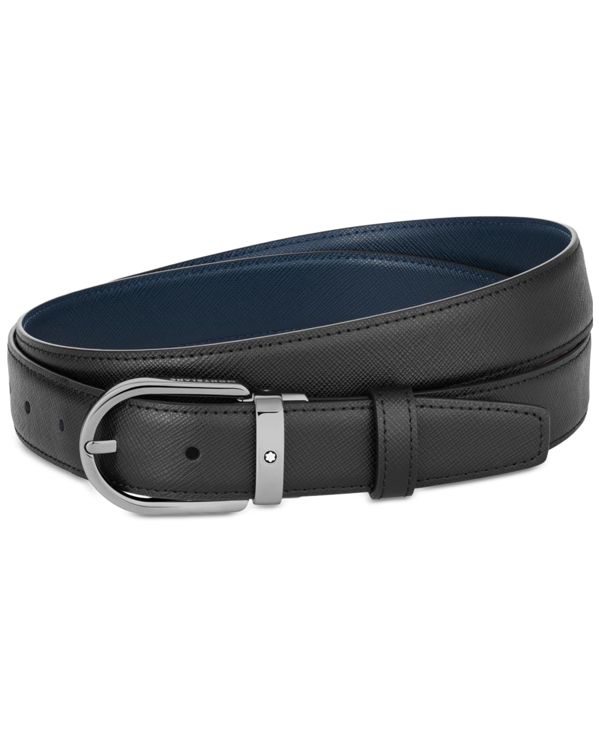 Horseshoe Buckle Reversible Leather Belt - Blue Black