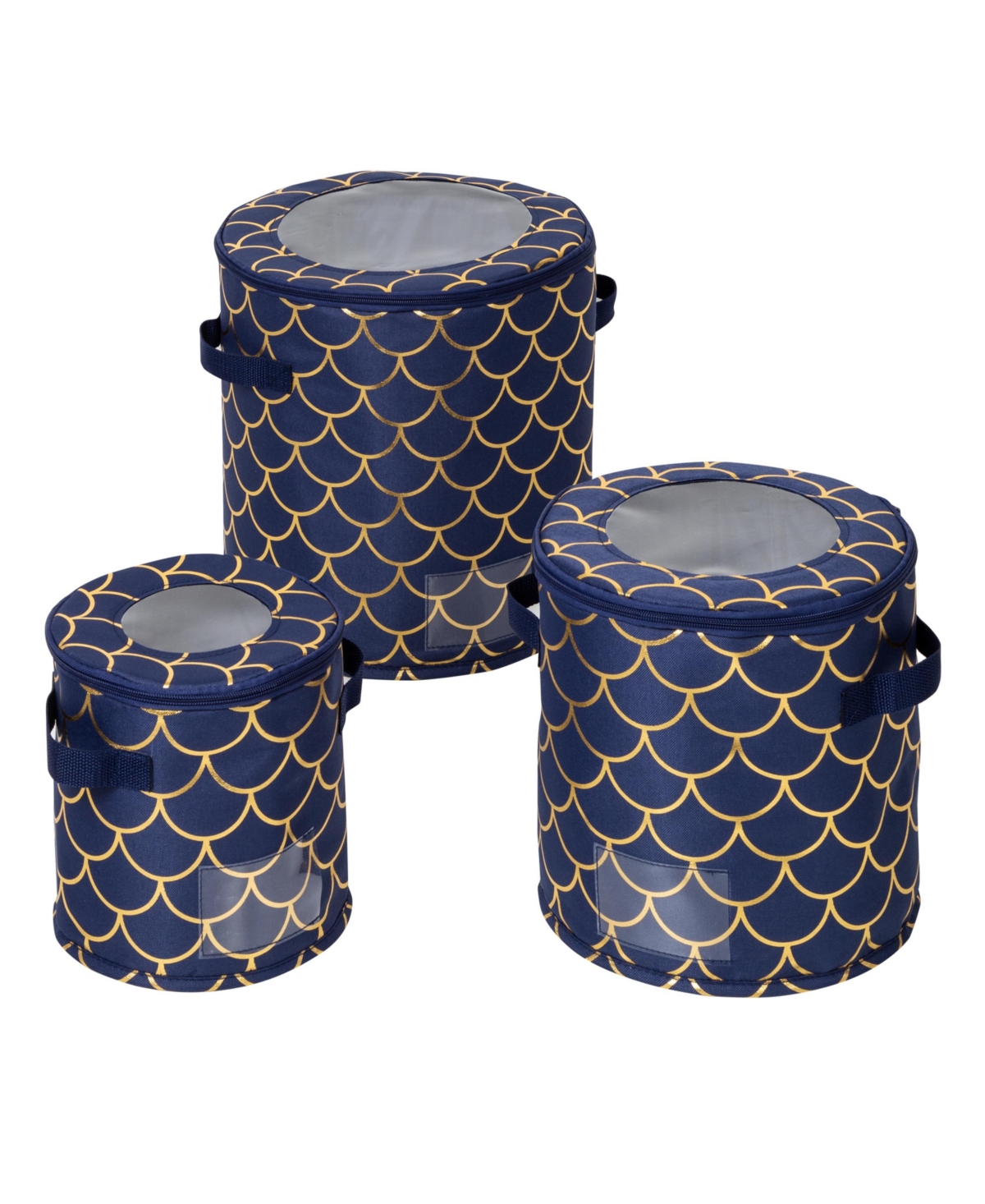 Round Dinnerware Golden Scallop Print Storage Box, Set of 3 - Navy Blue