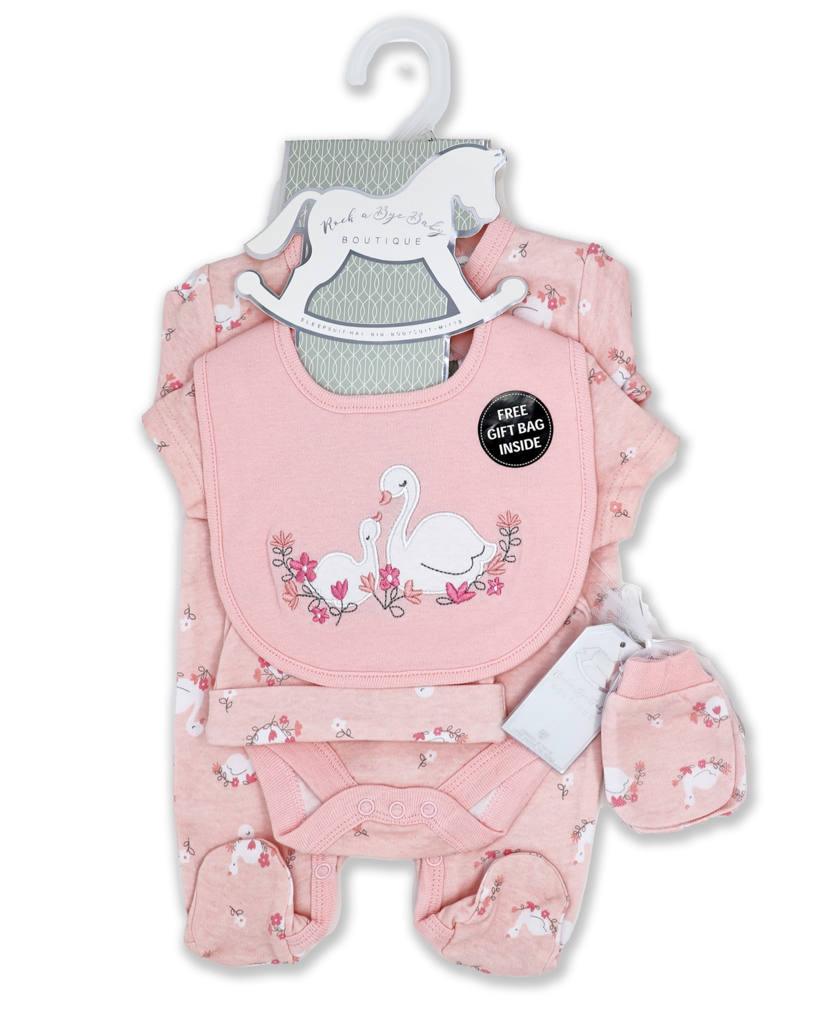 Baby Girls Lovely Swan Layette Gift in Mesh Bag, 5 Piece Set - Peach and White
