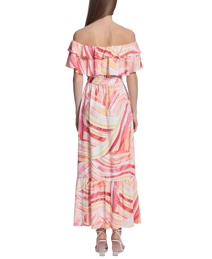 Donna Morgan Women's Printed Tie-Front Off-The-Shoulder Ruffled Maxi ...