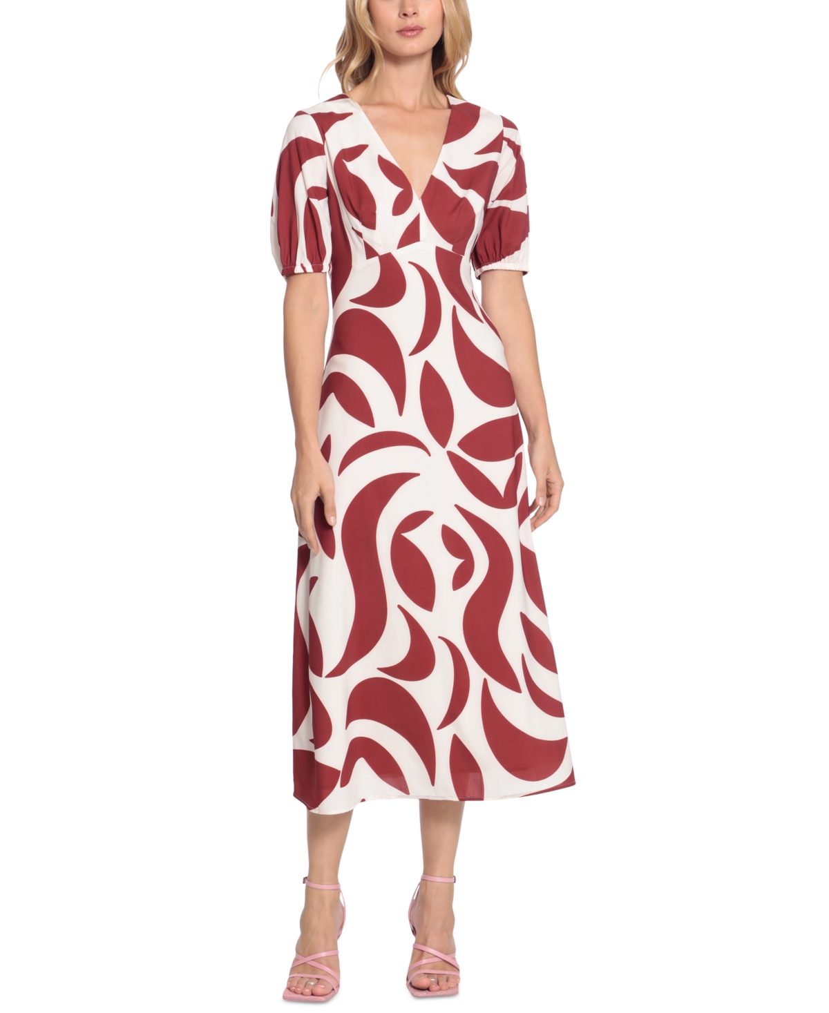 Donna Morgan Printed Open-back V-neck Midi Dress In Ivy/terracotta