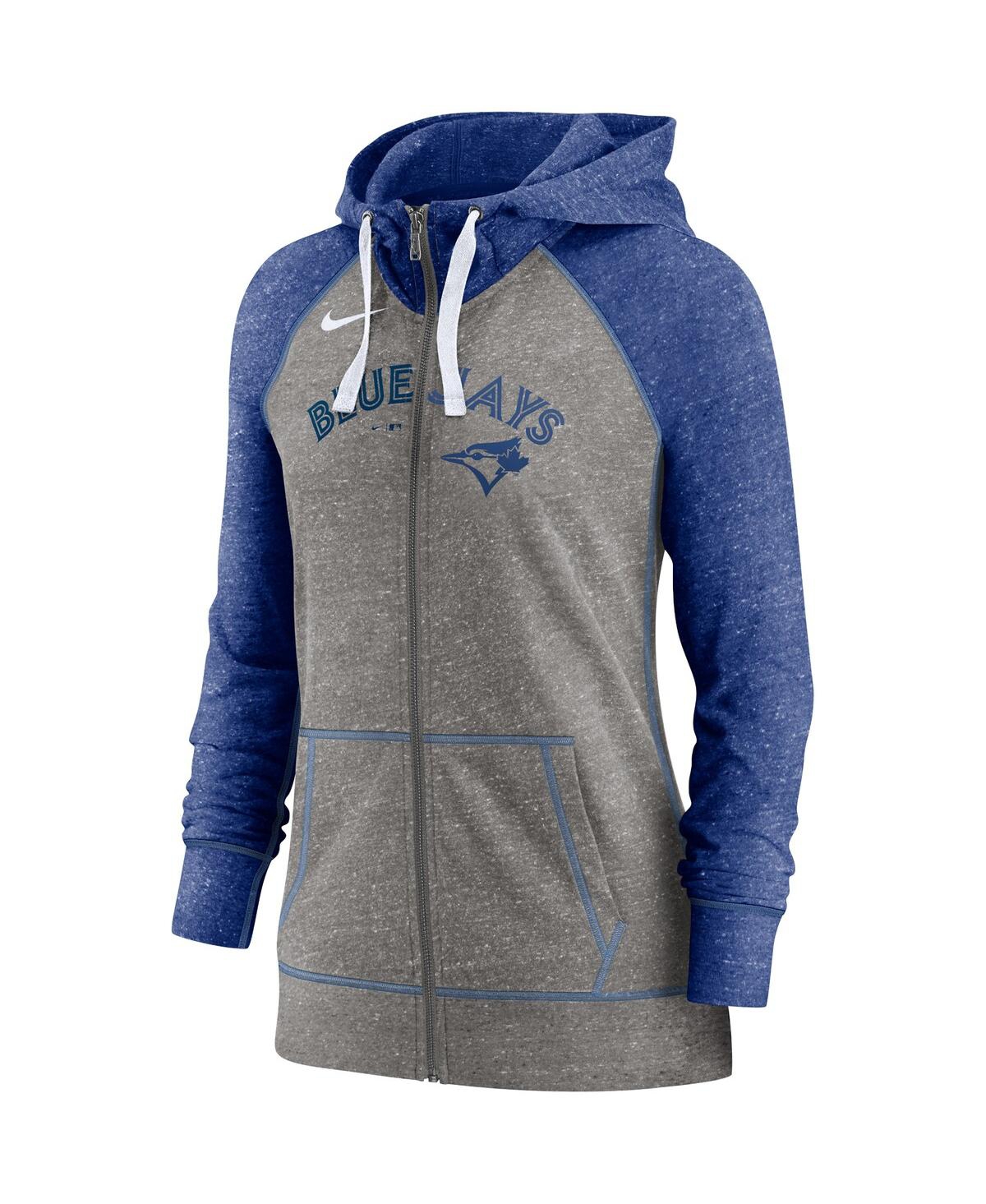 Women's Nikeand Heathered Royal Toronto Blue Jays Split Wordmark Gym Vintage-Like Raglan Slub Full-Zip Hoodie - Heathered Charcoal