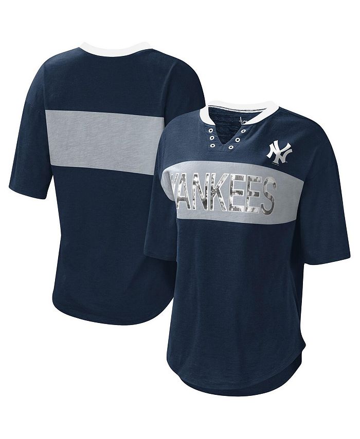 Women's White/Navy New York Yankees Plus Size Notch Neck T-Shirt