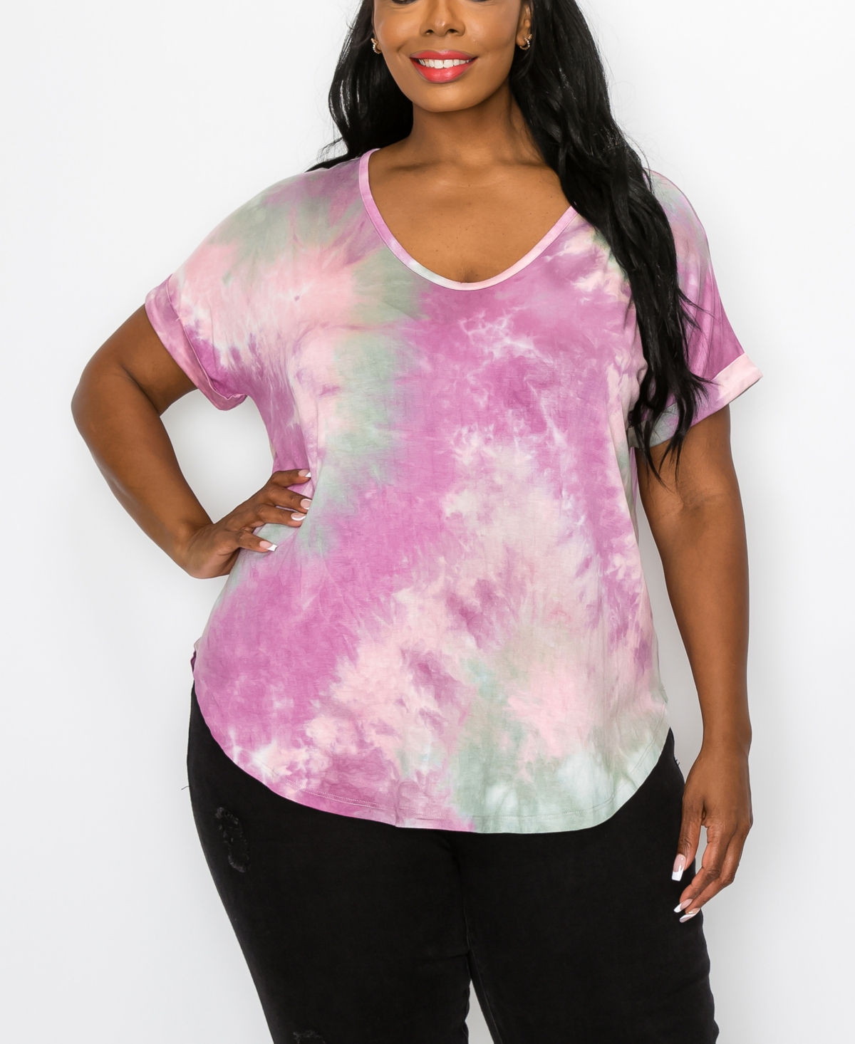 COIN 1804 PLUS SIZE HAND TIE DYE V-NECK ROLLED SLEEVE TOP