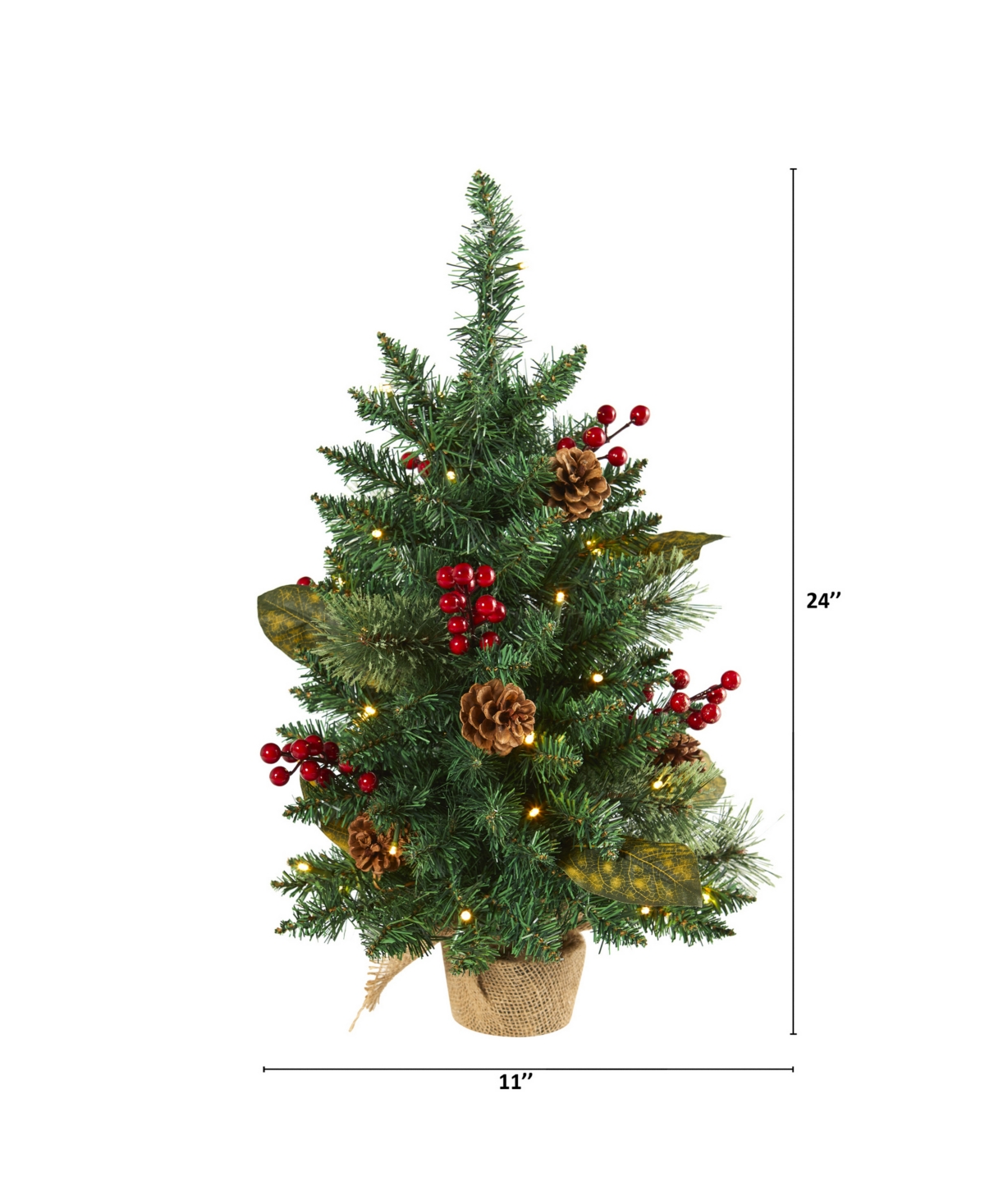 Pine, Pinecone and Berries Artificial Christmas Tree with Lights and Bendable Branches, 24"