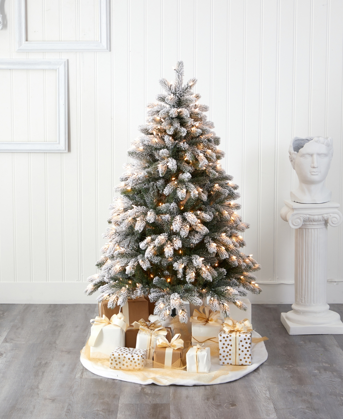 Flocked South Carolina Spruce Artificial Christmas Tree with Lights and Bendable Branches,
