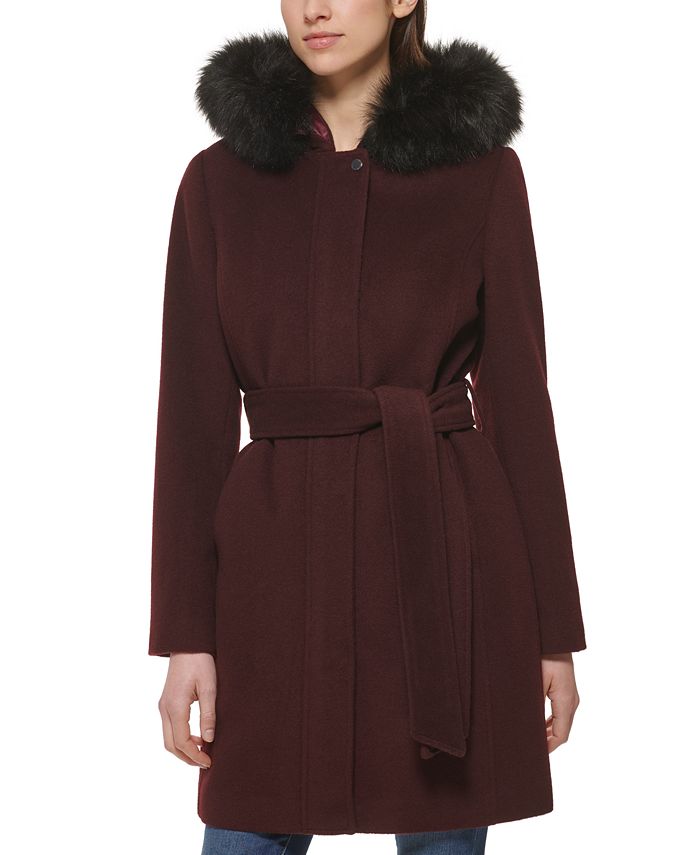 Cole Haan Women's Belted Faux-Fur-Trim Hooded Coat - Macy's