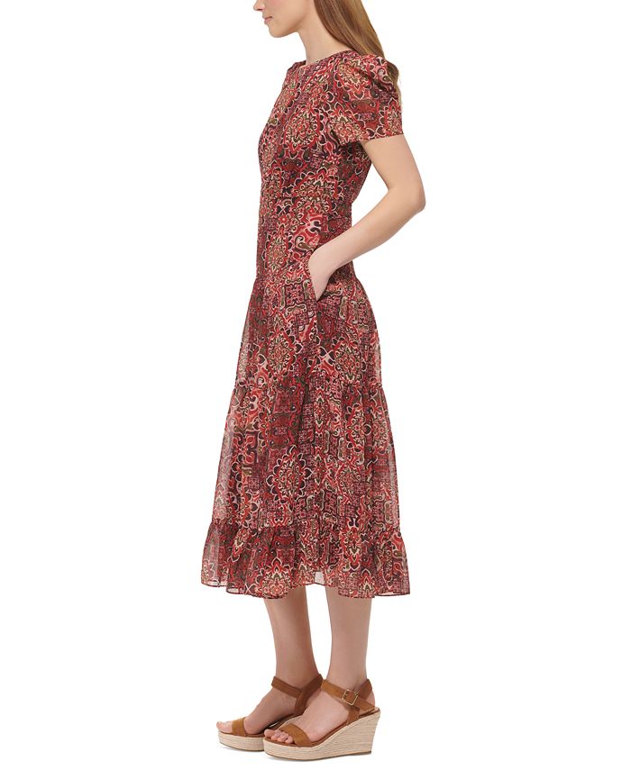 Vince Camuto Women's Printed Puff-Sleeve Midi Dress - Macy's