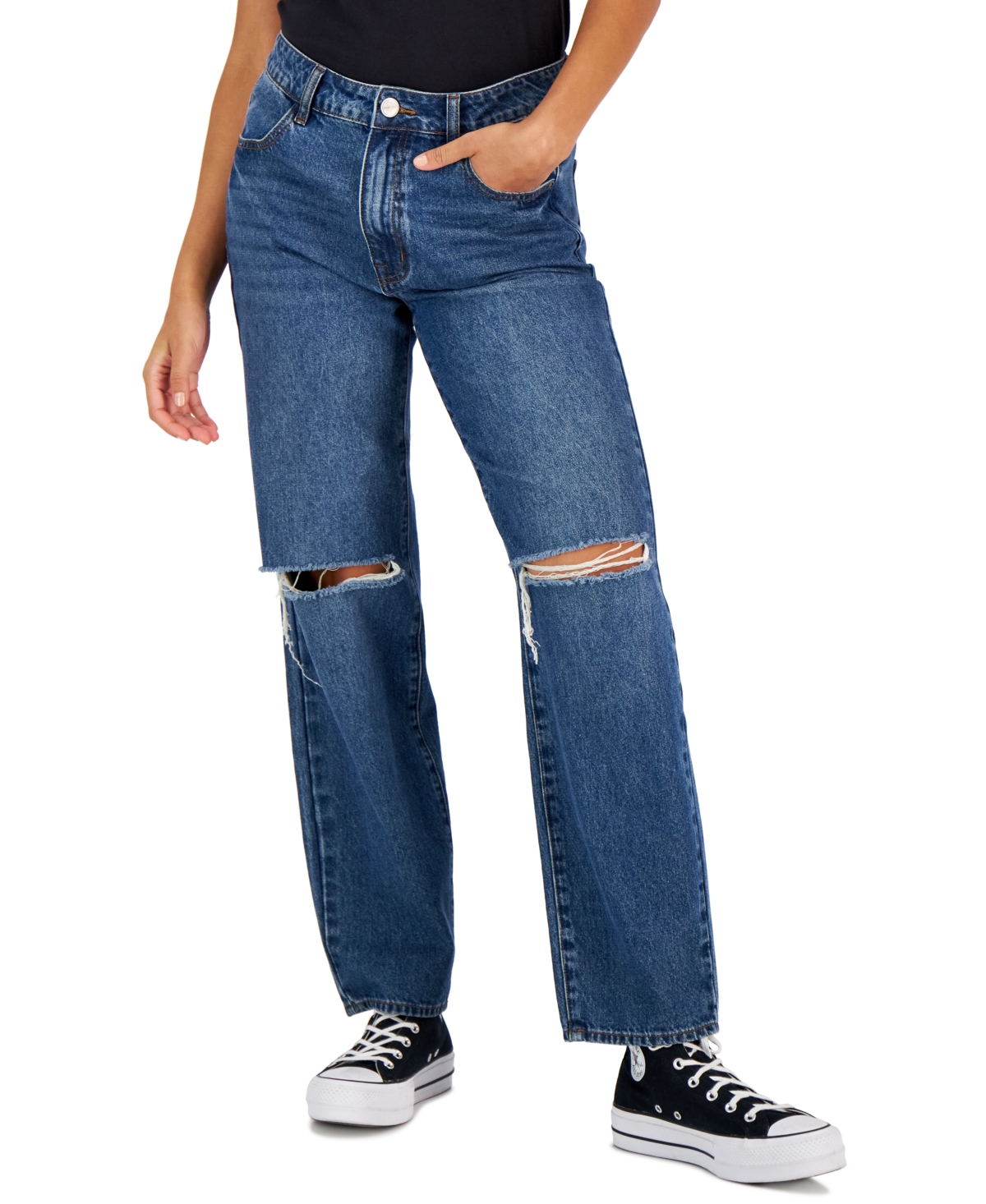 Dollhouse Juniors' Ripped High-rise Dad Jeans In Medium Wash