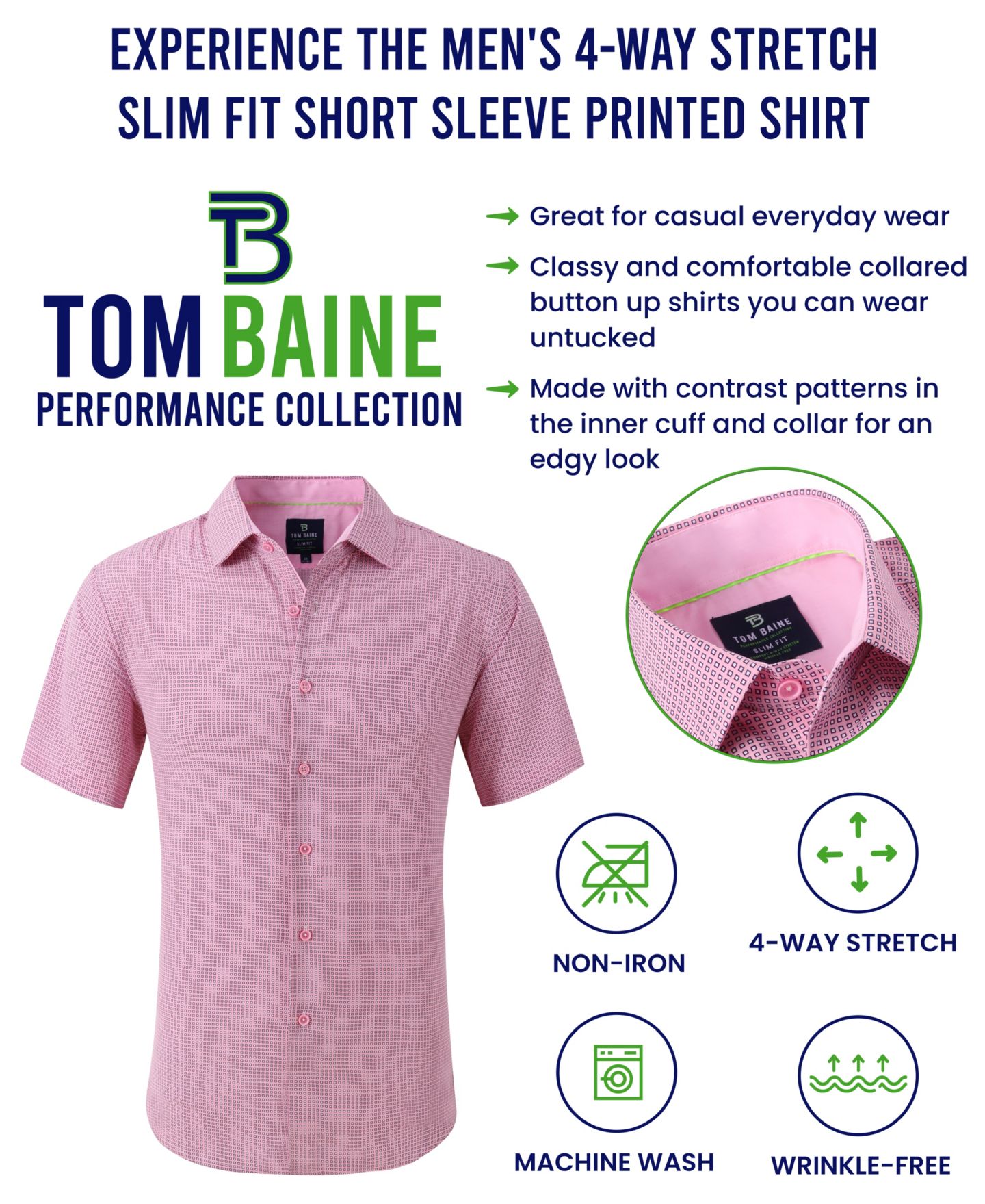 Мужская рубашка Tom Baine Slim Fit Short Sleeve Performance Button Down Dress Shirt, цвет: Белый — фото 4