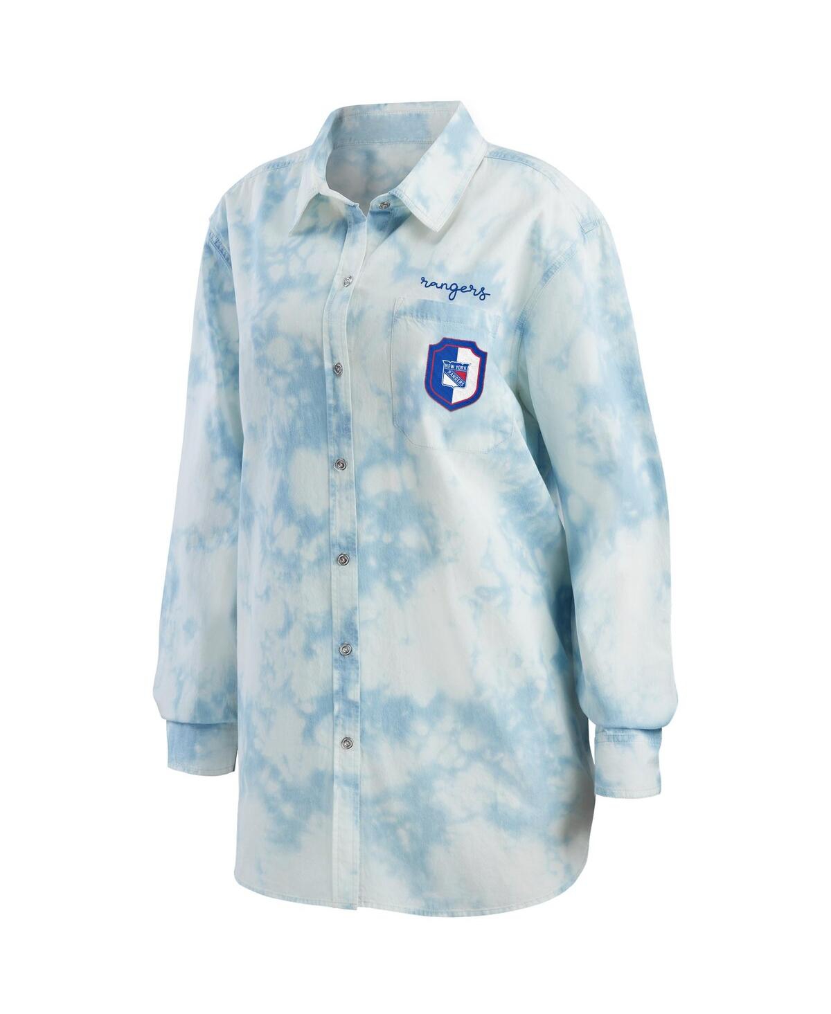 Shop Wear By Erin Andrews Women's  White New York Rangers Oversized Tie-dye Button-up Denim Shirt