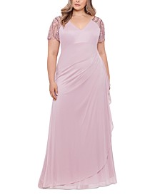 Plus Size Embellished Sheer Matte Jersey Gown