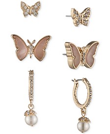 Gold-Tone 3-Pc. Set Pavé, Imitation Pearl & Pink Butterfly Earrings