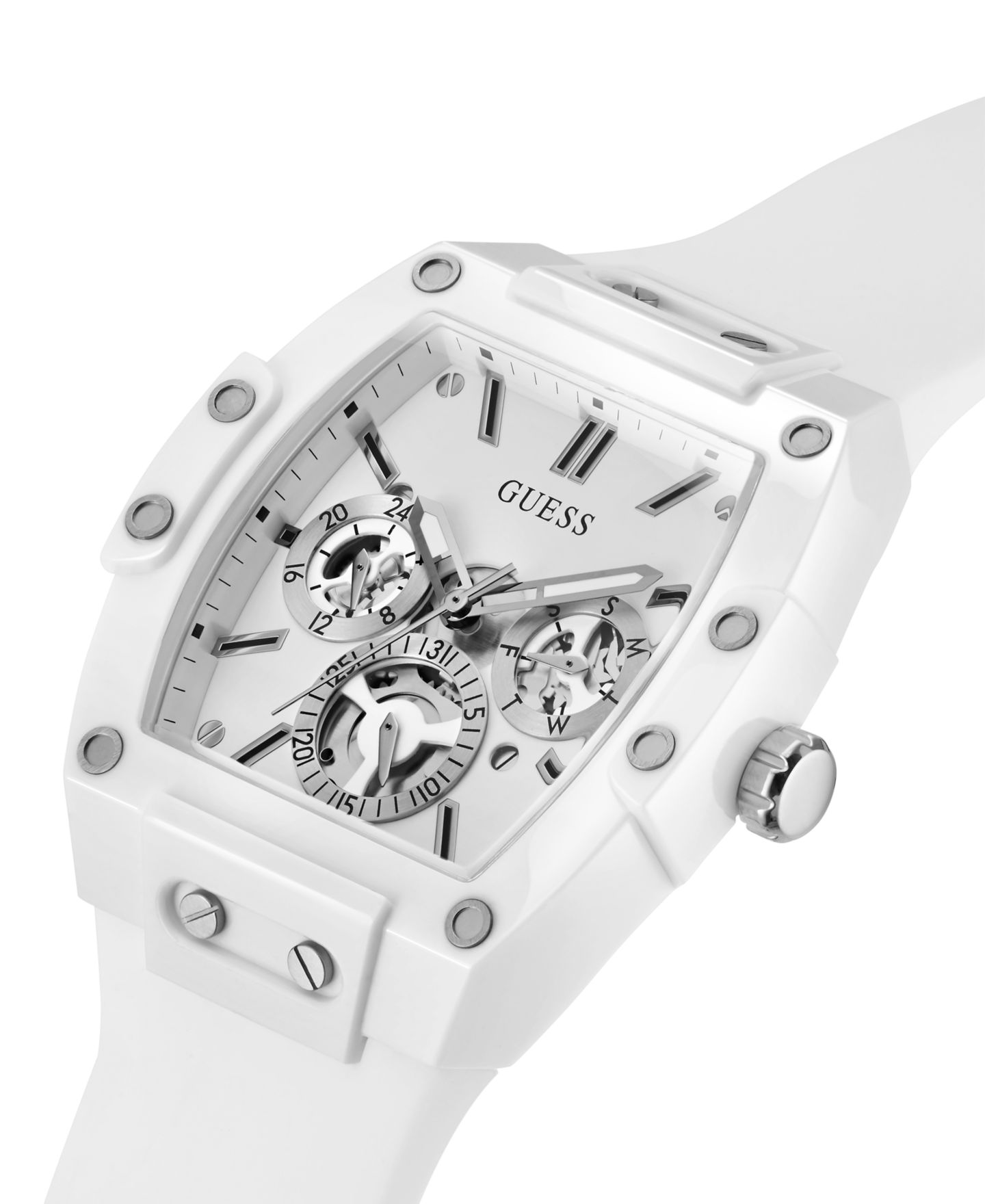 Мужские многофункциональные наручные часы Guess с белым силиконовым ремешком, 43 мм — фото 4