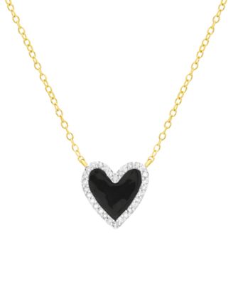 Macy's - Diamond Black Enamel Heart "Loved" 18" Pendant Necklace (1/8 ct. t.w.) in 14k Gold-Plated Sterling Silver